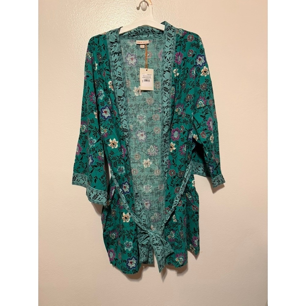 Knox Rose Boho Green Floral Print Kimono Wrap Cardigan 3X-4X Boho Belted Layer